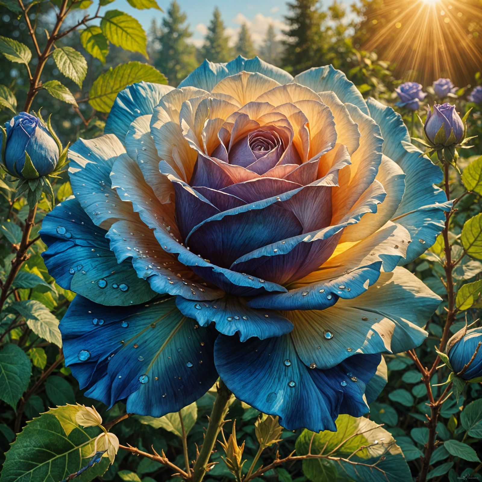 Surreal Blue Rose Blooms in Warm Golden Light
