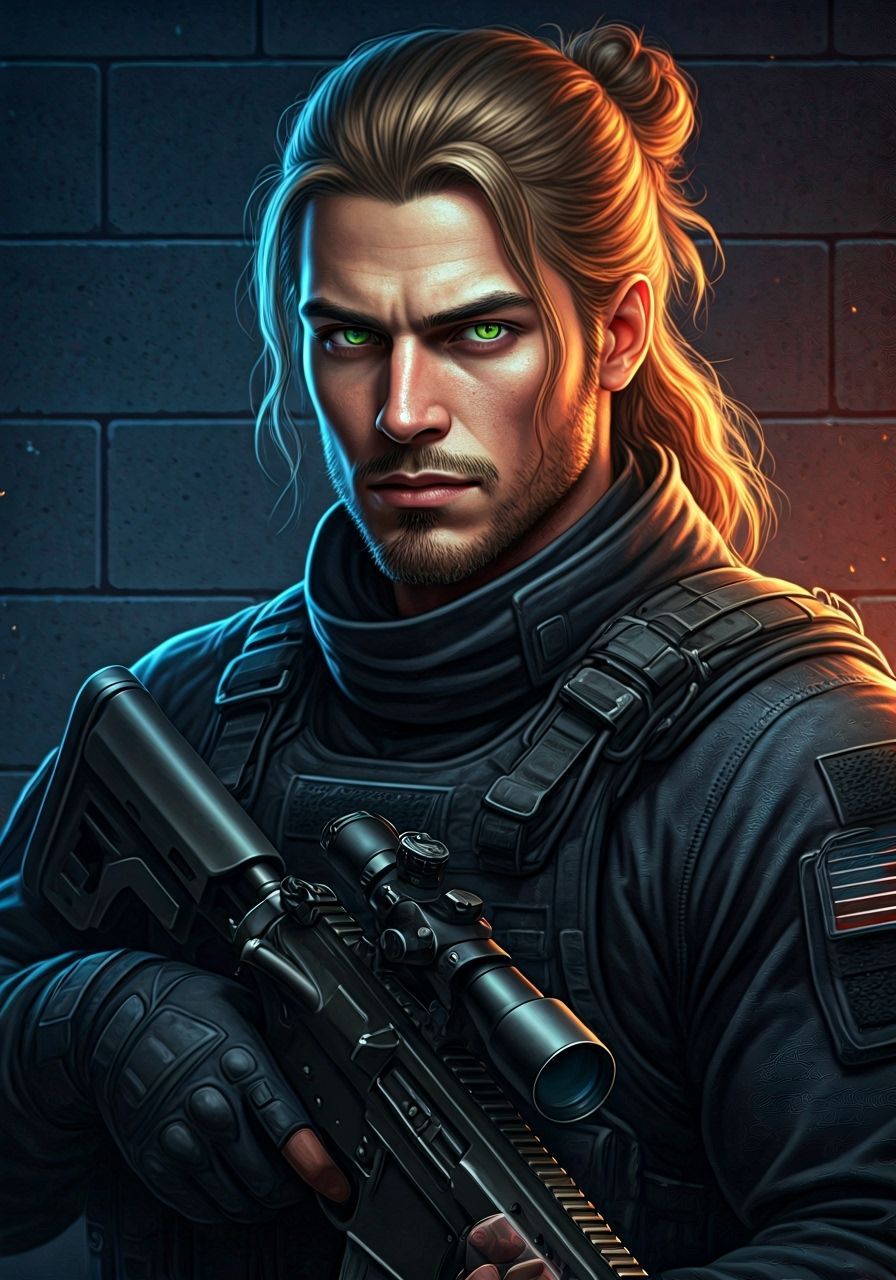 Handsome Man with Sniper Rifle in Hyperrealistic Style