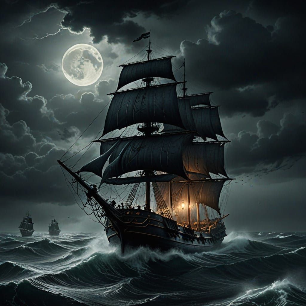 Mysterious Sailing Ship in Dark Fantasy Storm