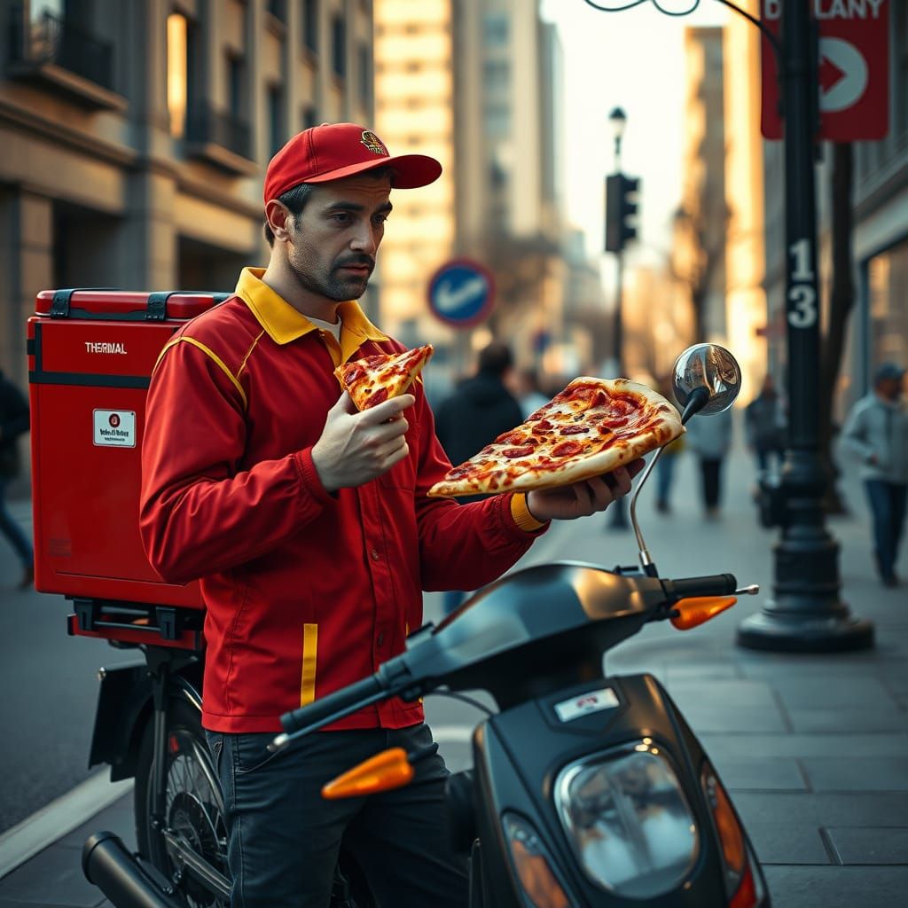 Confused Pizza Delivery Man in Urban Street Scene