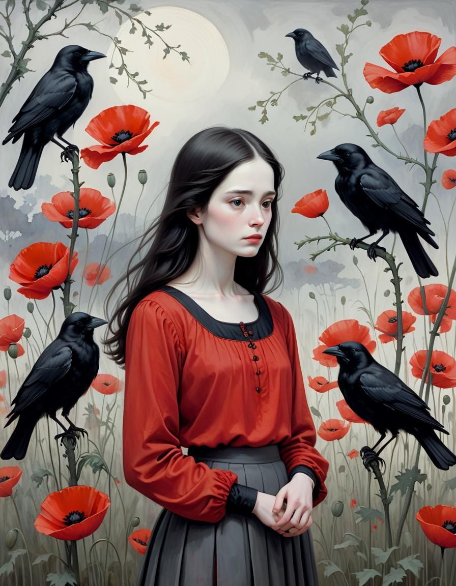 Contemplative Woman with Crows and Poppies