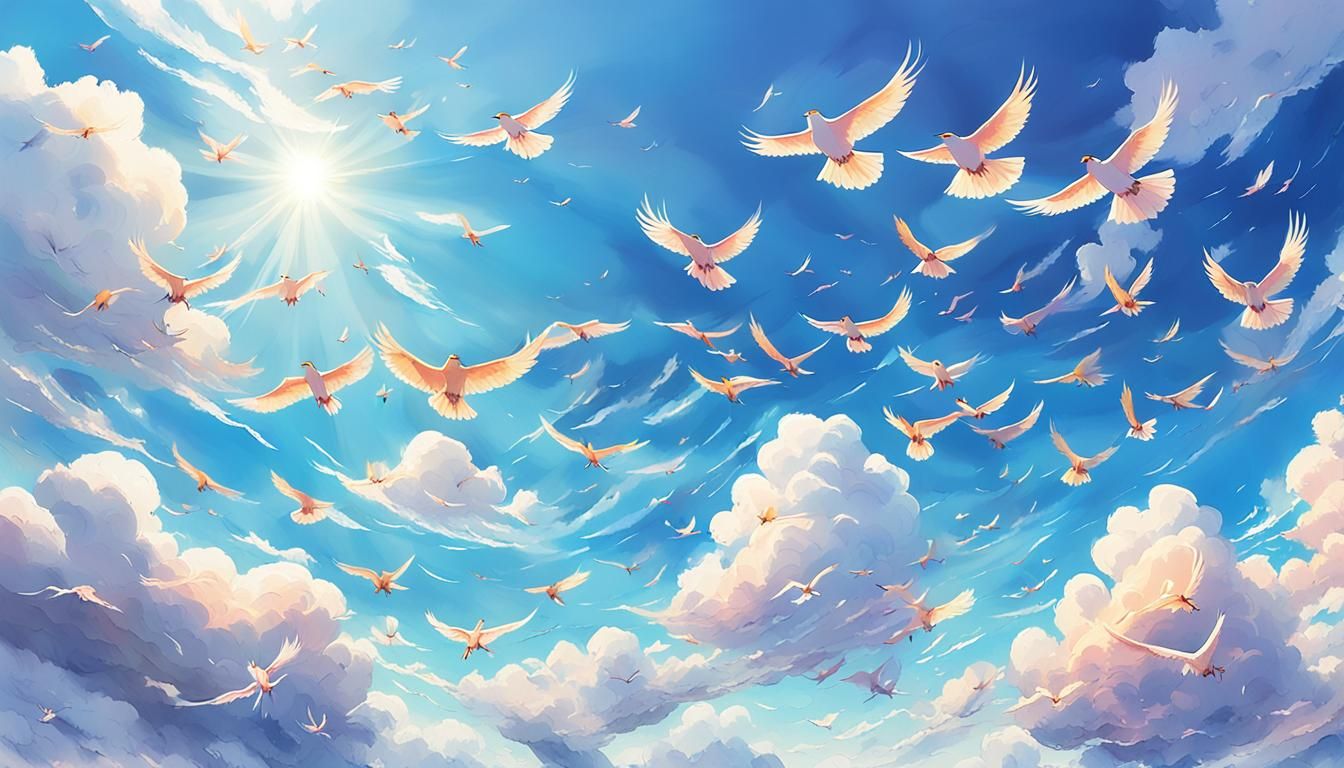 Birds Flying Under Sunny Sky in Anime Art