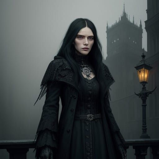 Gritty Dark Cityscape with Gothic Architecture and Mysteriou...