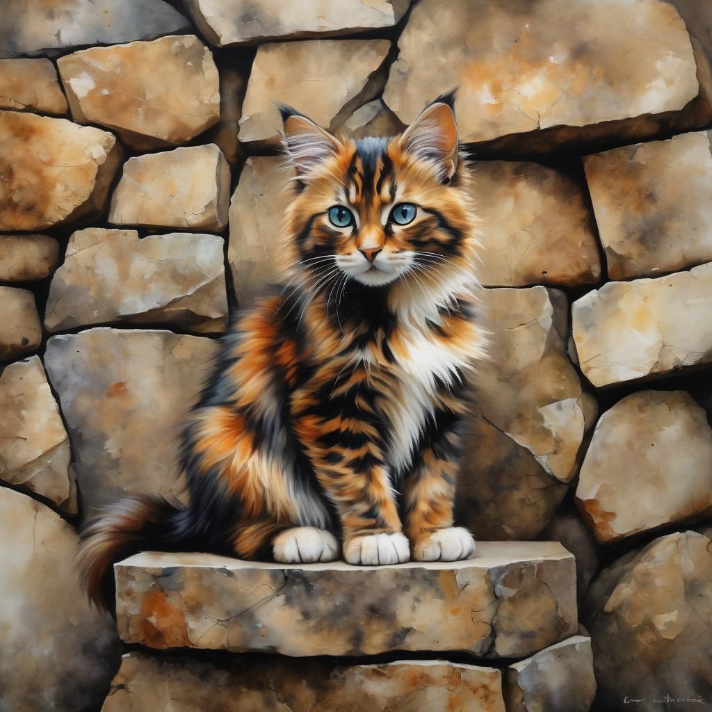 Tortoiseshell Kitten on Stone Wall in Abstract Style