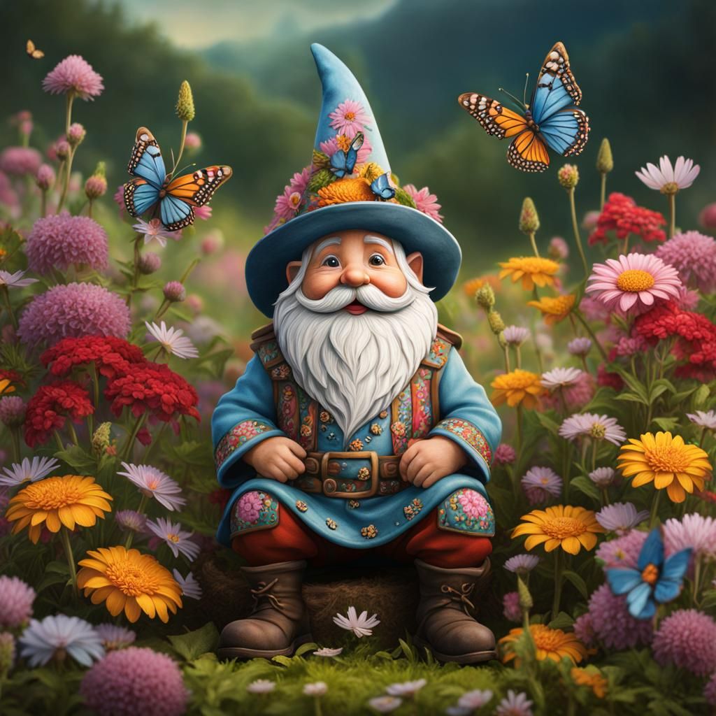 Charming Gnome Portrait in a Floral Meadow