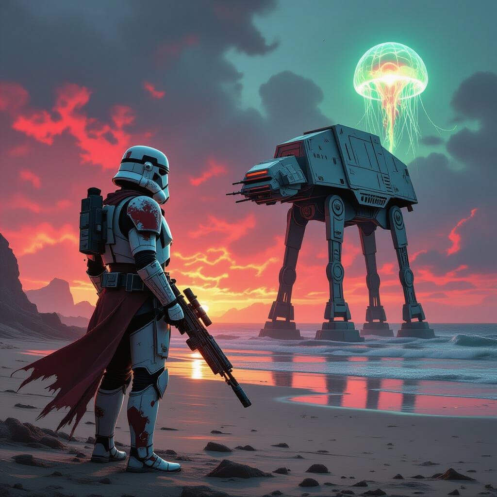 Clone Trooper on Desolate Beach with Ruined Walker