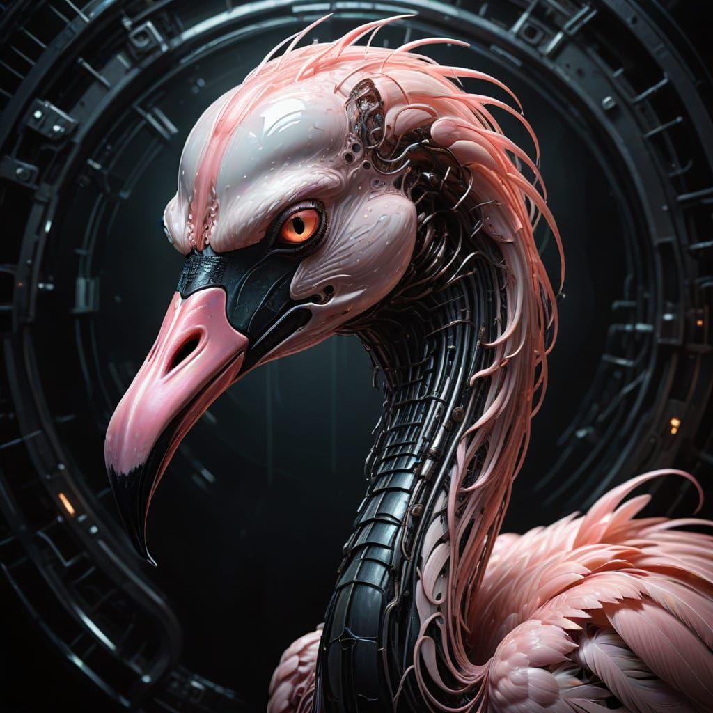 Cybernetic Flamingo in Dark Futuristic Style