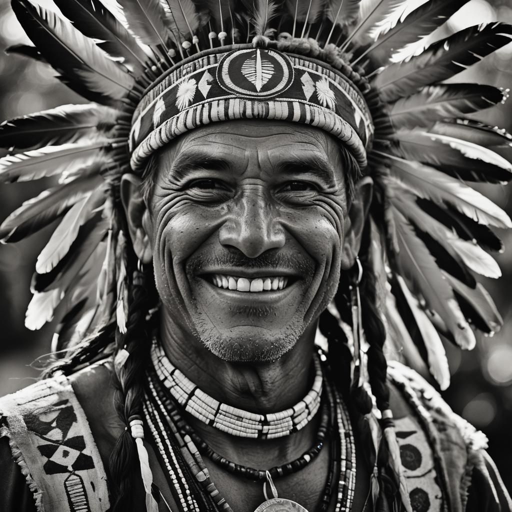 Smiling Indigenous Man Portrait in Black and White