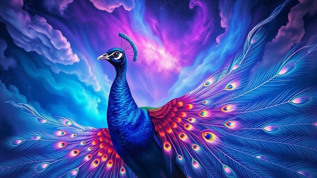 Ethereal Peacock in a Cosmic Night Sky