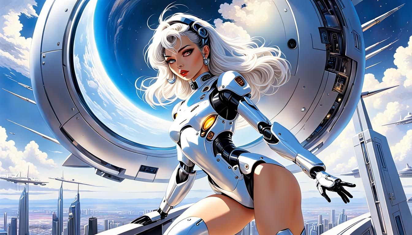Sorayama-Inspired Robot Girl in Retro Sci-Fi Landscape