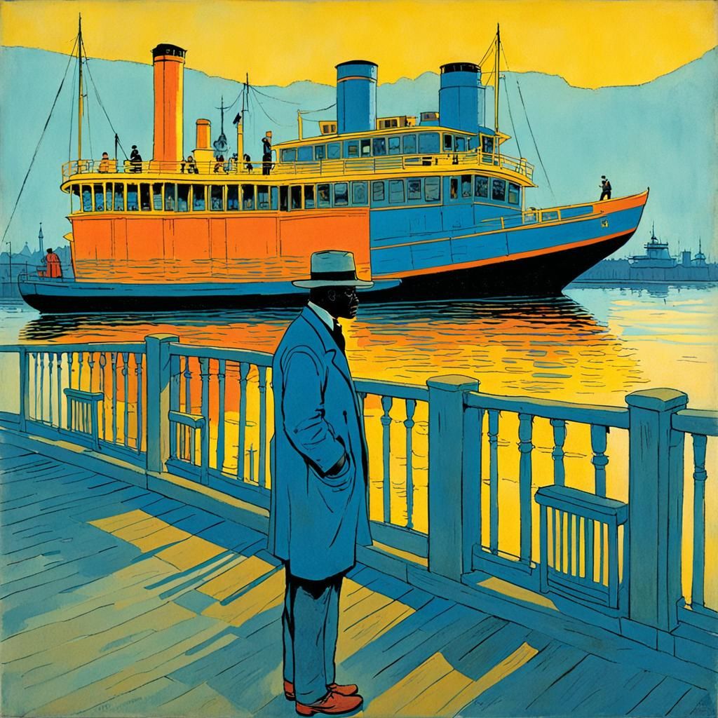 Man Awaits Riverboat: Vivid Illustration in 1890s Style
