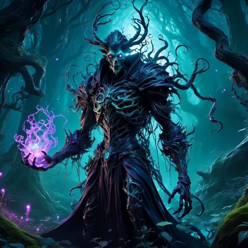 Eerie Elf in Spectral Forest at Night