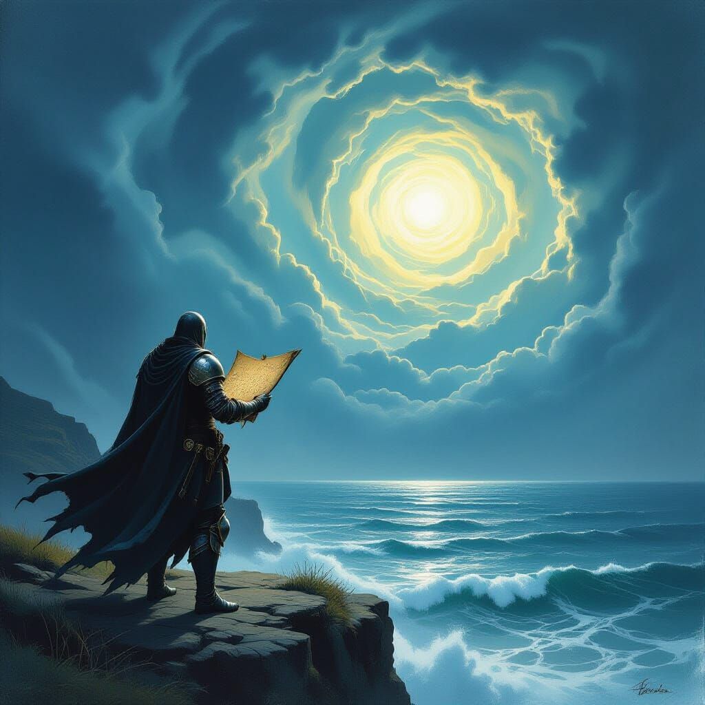 Knight on Windswept Cliff with Ancient Map