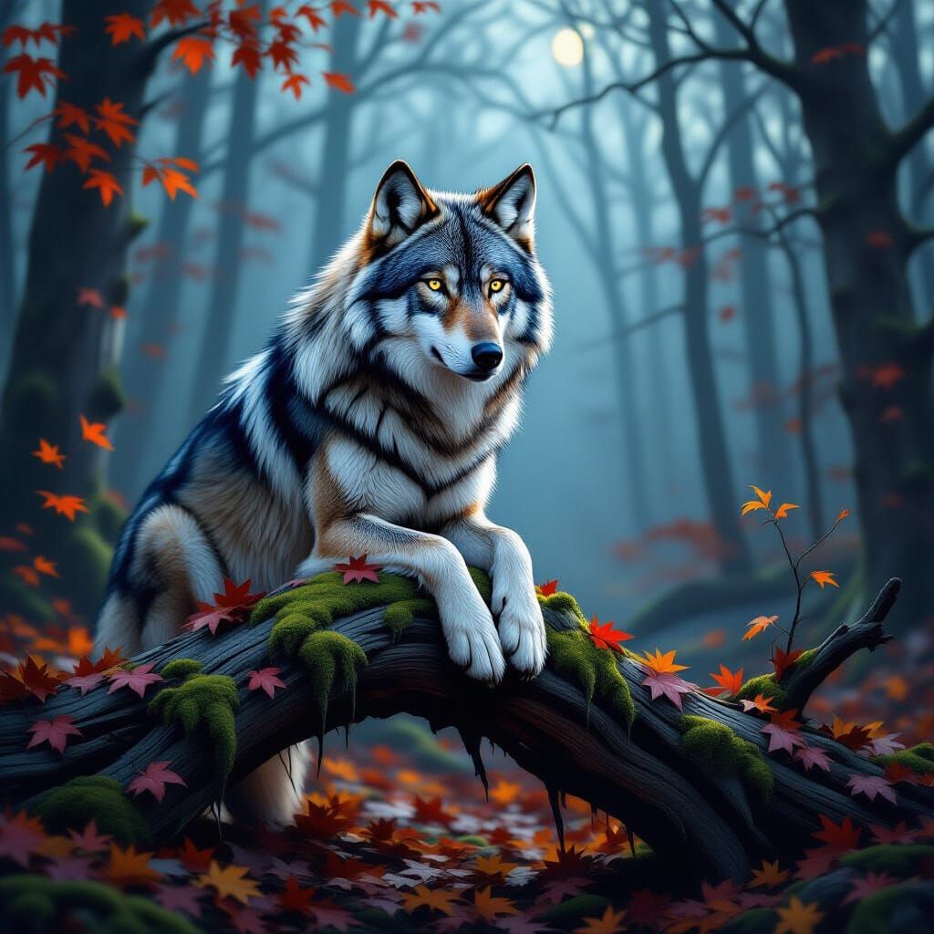 Wolf in Twilight Forest as Oil Painting