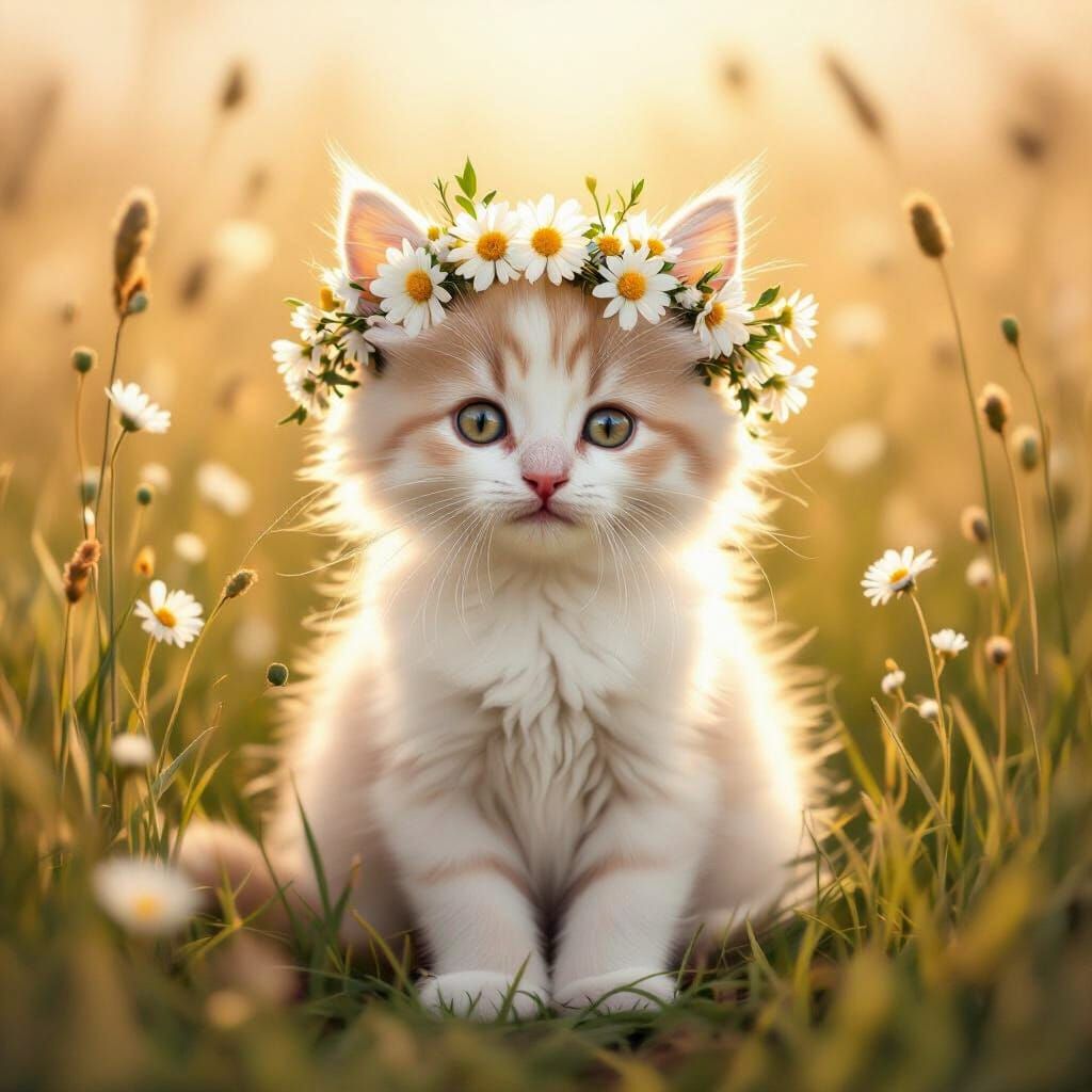 Kitten with Wildflower Crown in Golden Light