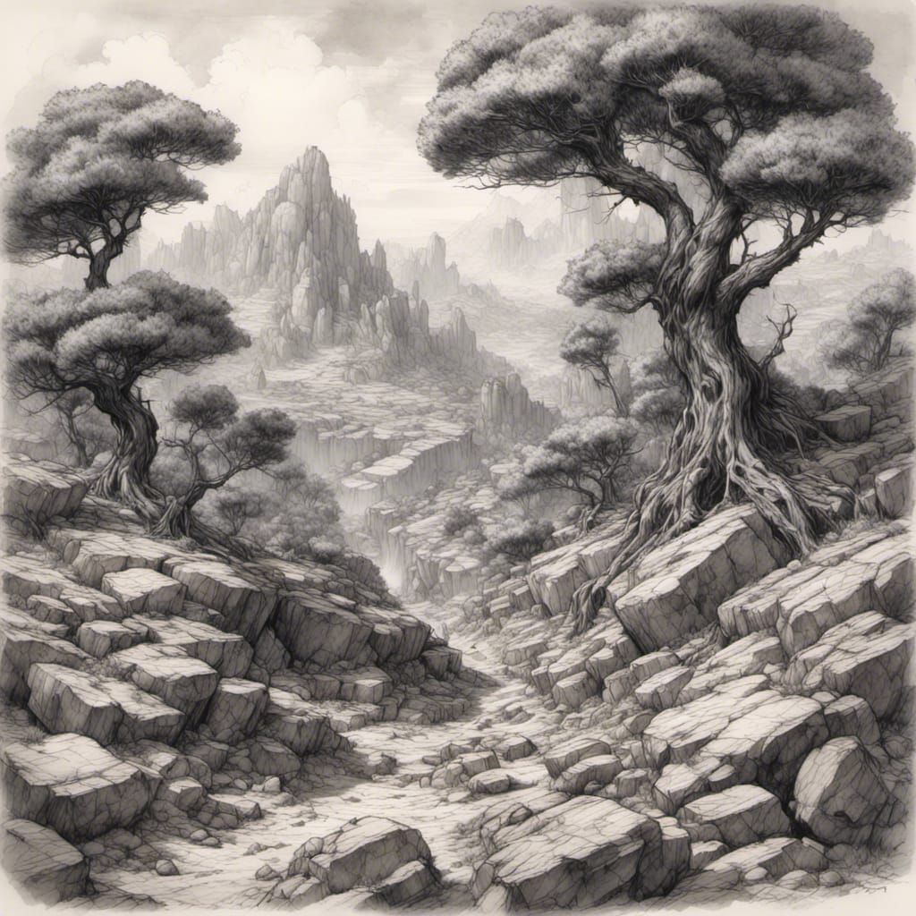 Monochrome Hellscape with Twisted Trees and Fissures