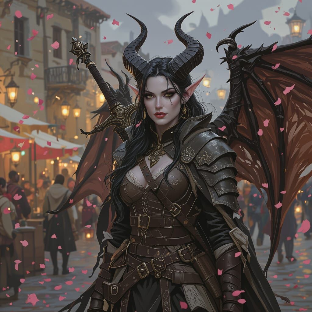 Tiefling Woman in Coastal Town, Fantasy Art