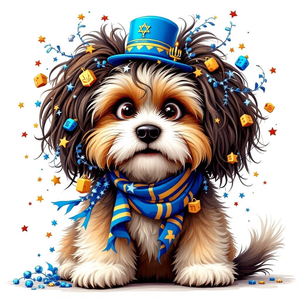 Cartoon Havanese Dog Celebrates Hanukkah