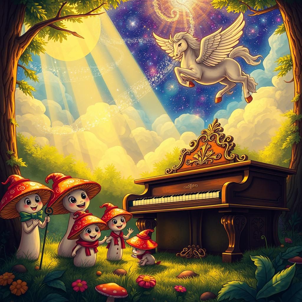 Smiling Mushrooms Play Piano, Pegasus in Sky