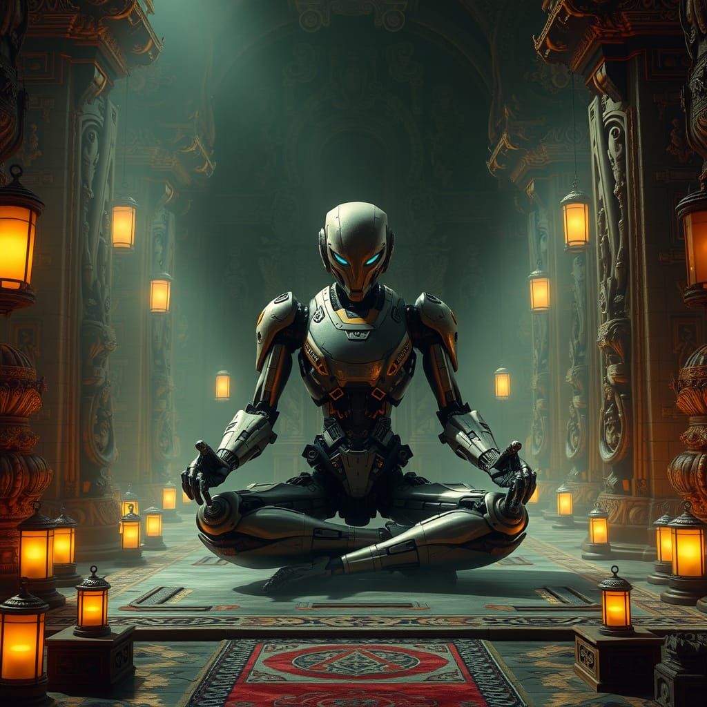 Cyberpunk Temple Robot in Lotus Position