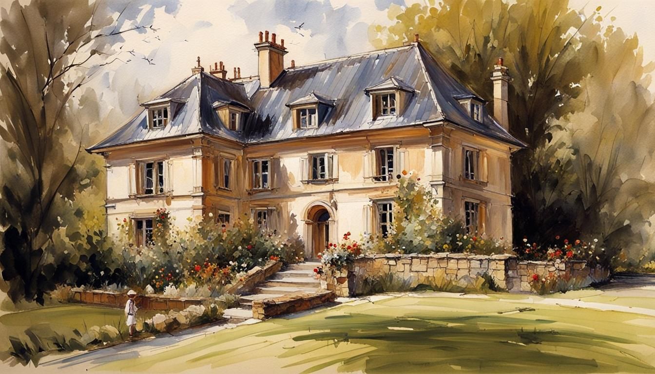 British Landhouse Sketch with Garden View