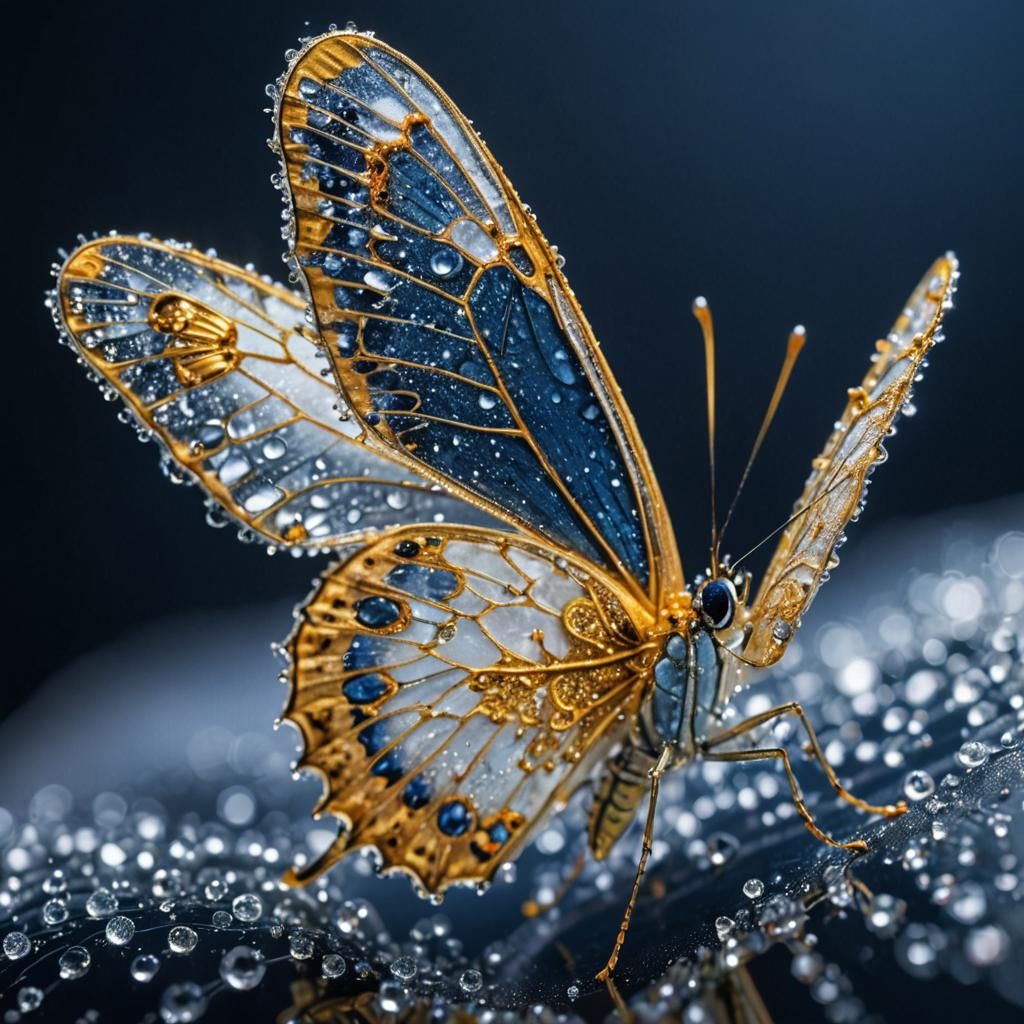 Dew-Covered Crystal Butterfly Macro Photograph
