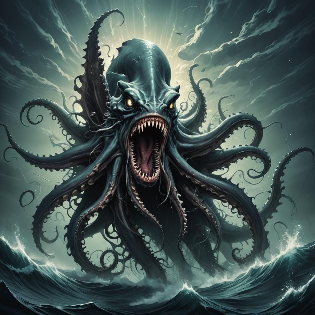 Sharktopus Sea Monster Rises, Dark Fantasy Illustration