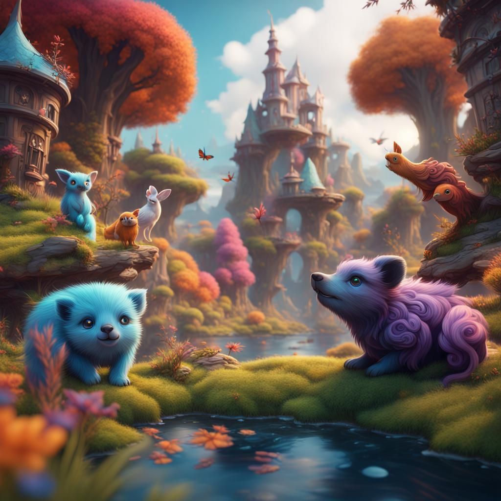 Cute Animals in Colorful Fantasy Matte Painting