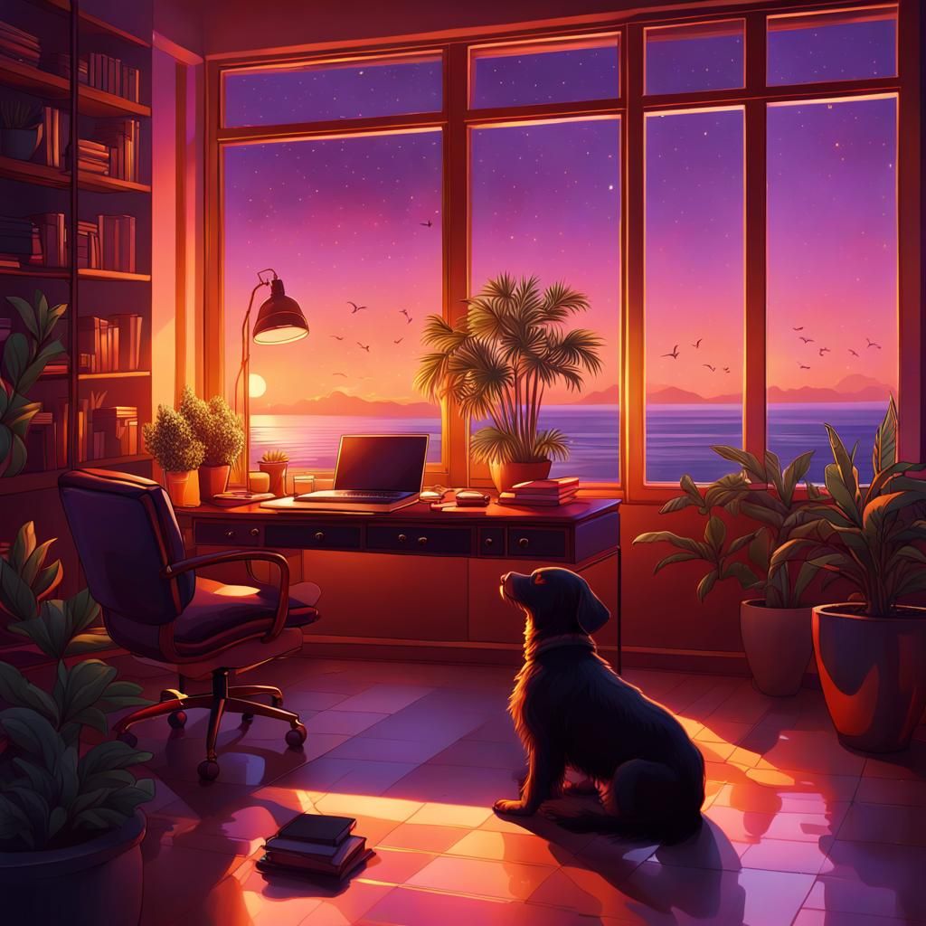 Mediterranean Sea View Home Office at Sunset