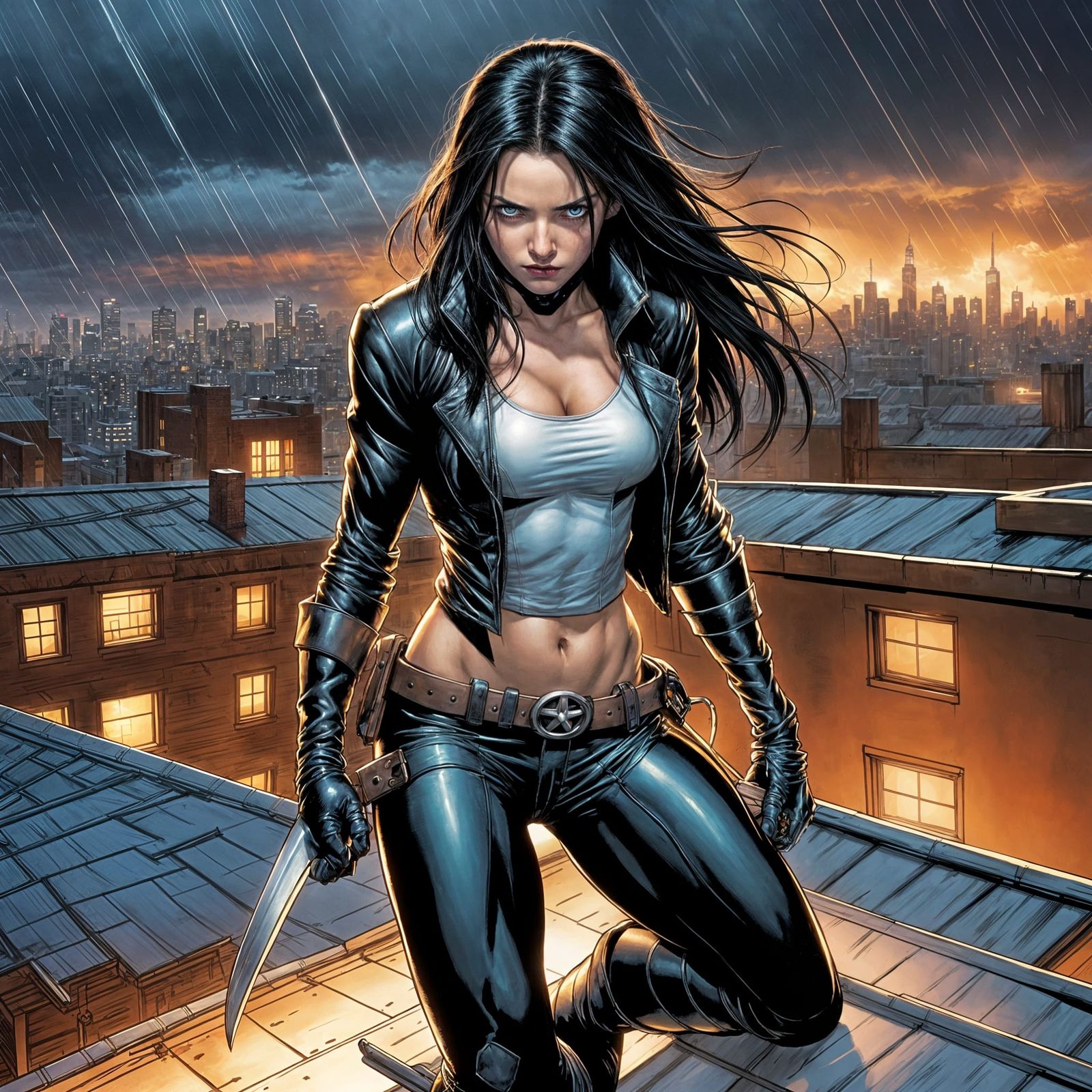 X-23 on a Rooftop at Night in Comic Book Style