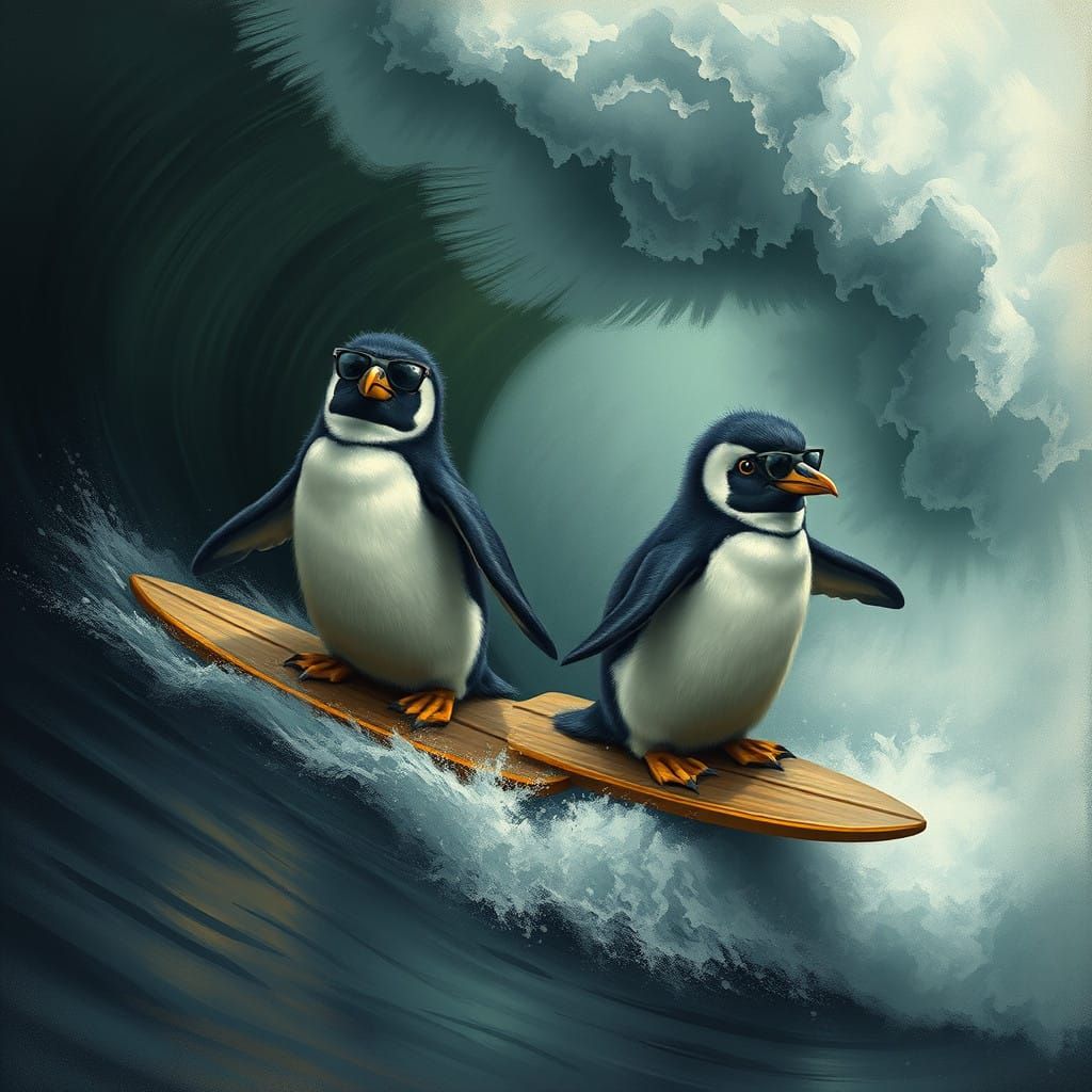 Penguins Riding Dark Waves in Gothic Surf Style