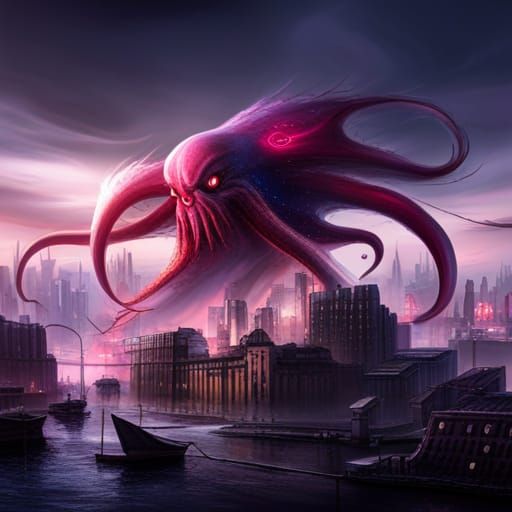 Pink Cthulhu Attacks City: Detailed Matte Painting
