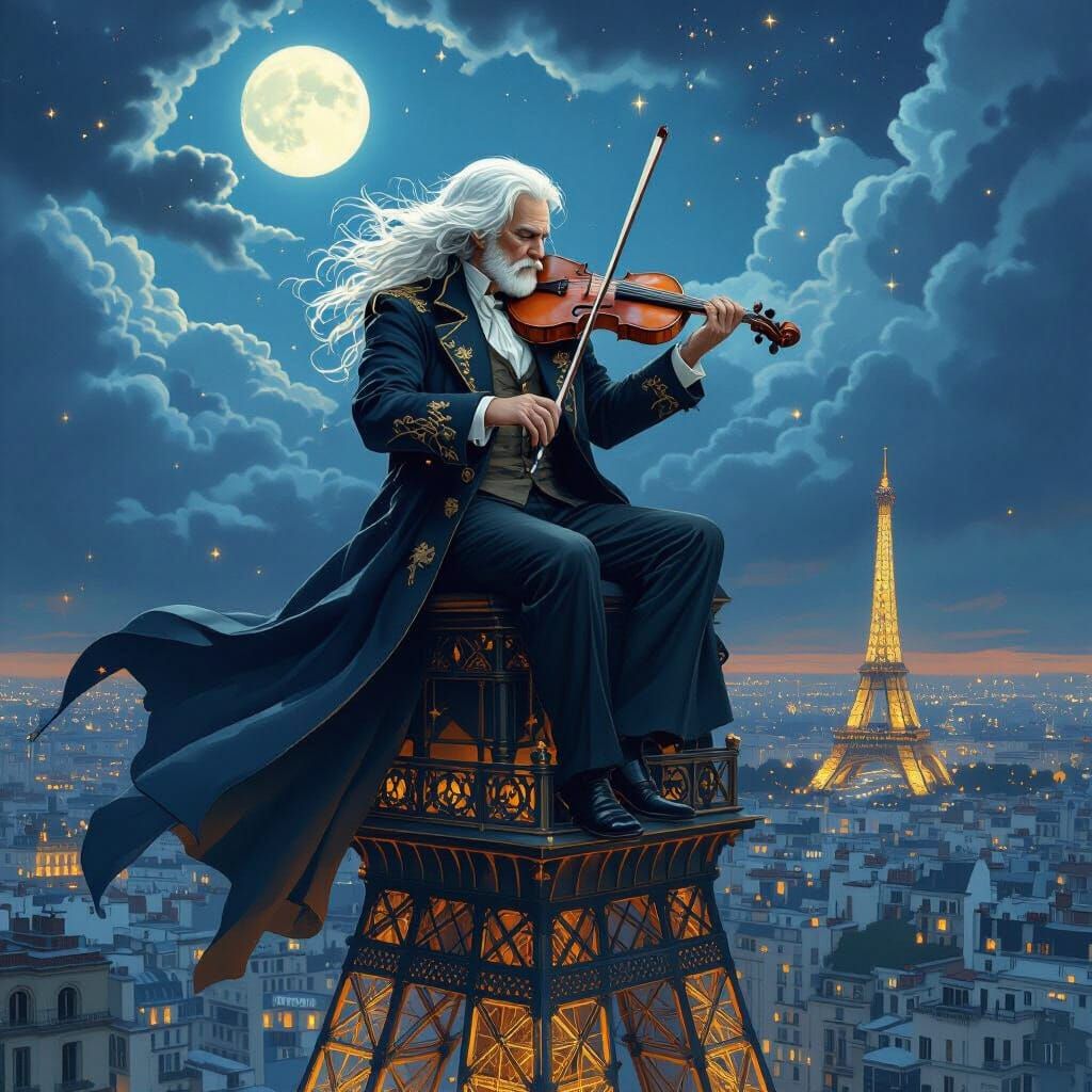 Eiffel Tower Violinist in Art Nouveau Steampunk Style