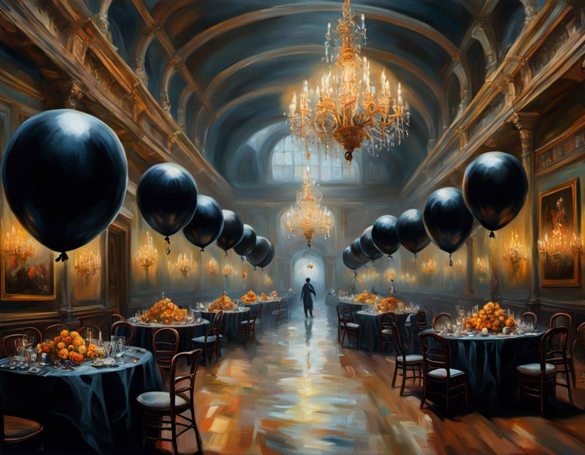 Haunted Ballroom Oil Painting with Ethereal Ghosts
