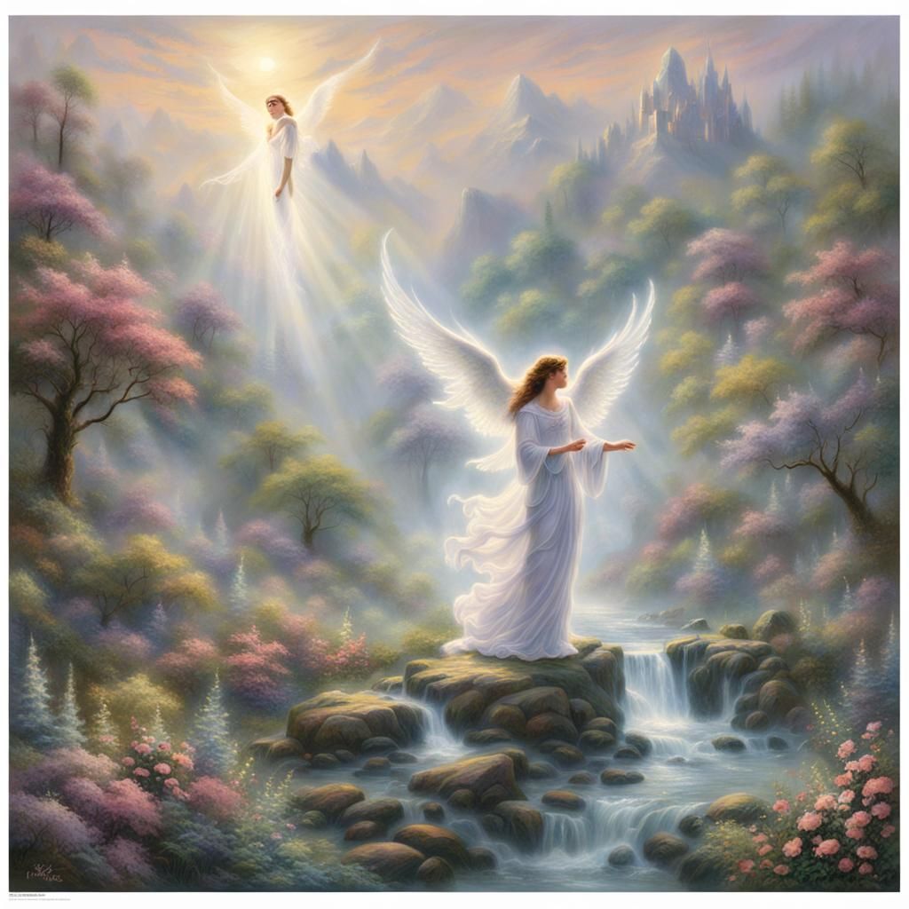 Ethereal Angel in Misty Fantasy Landscape