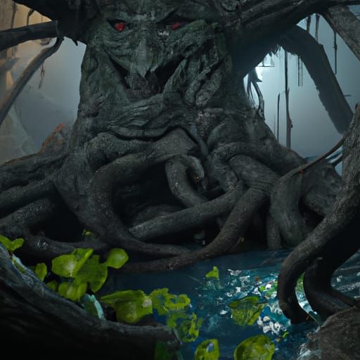 Cthulhu Vines Engulfing Swamp Tree: Dark Fantasy Art