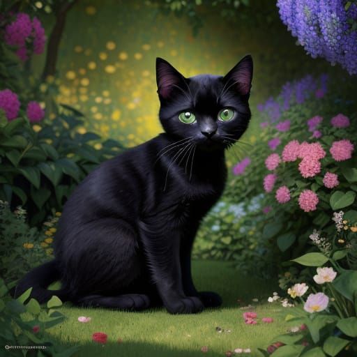 Cartoon Kitten in Garden, Klimt-Inspired Digital Art