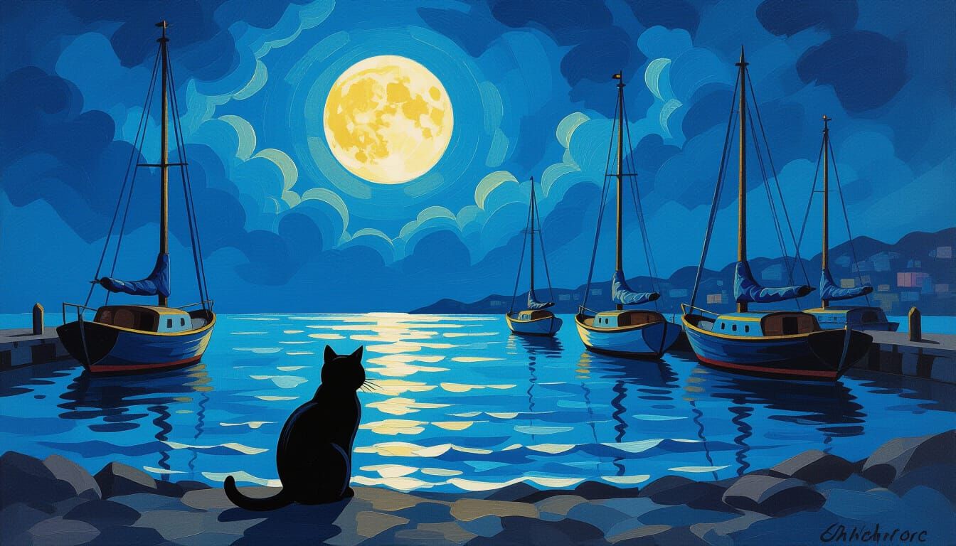 Moonlit Cat at Shoreline: Impressionist Masterpiece