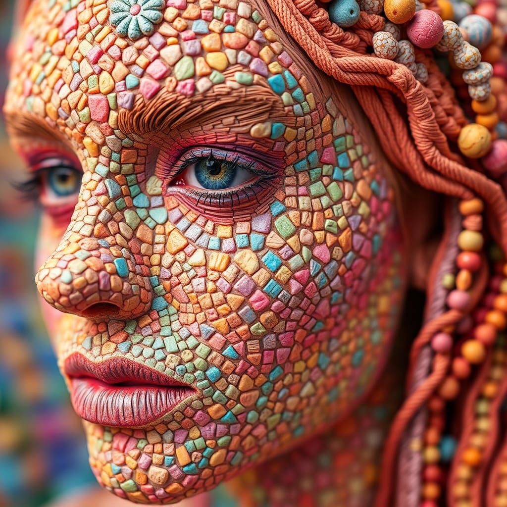 a clay, play doh, overlapping intricate full scene, of a human gorgeous face, made out of textured mosaic portrait zoome...