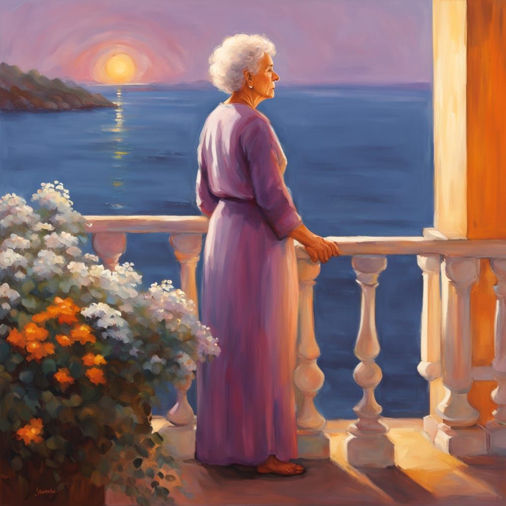 Ethereal Old Woman Overlooking City at Dusk in Neo-Impressio...