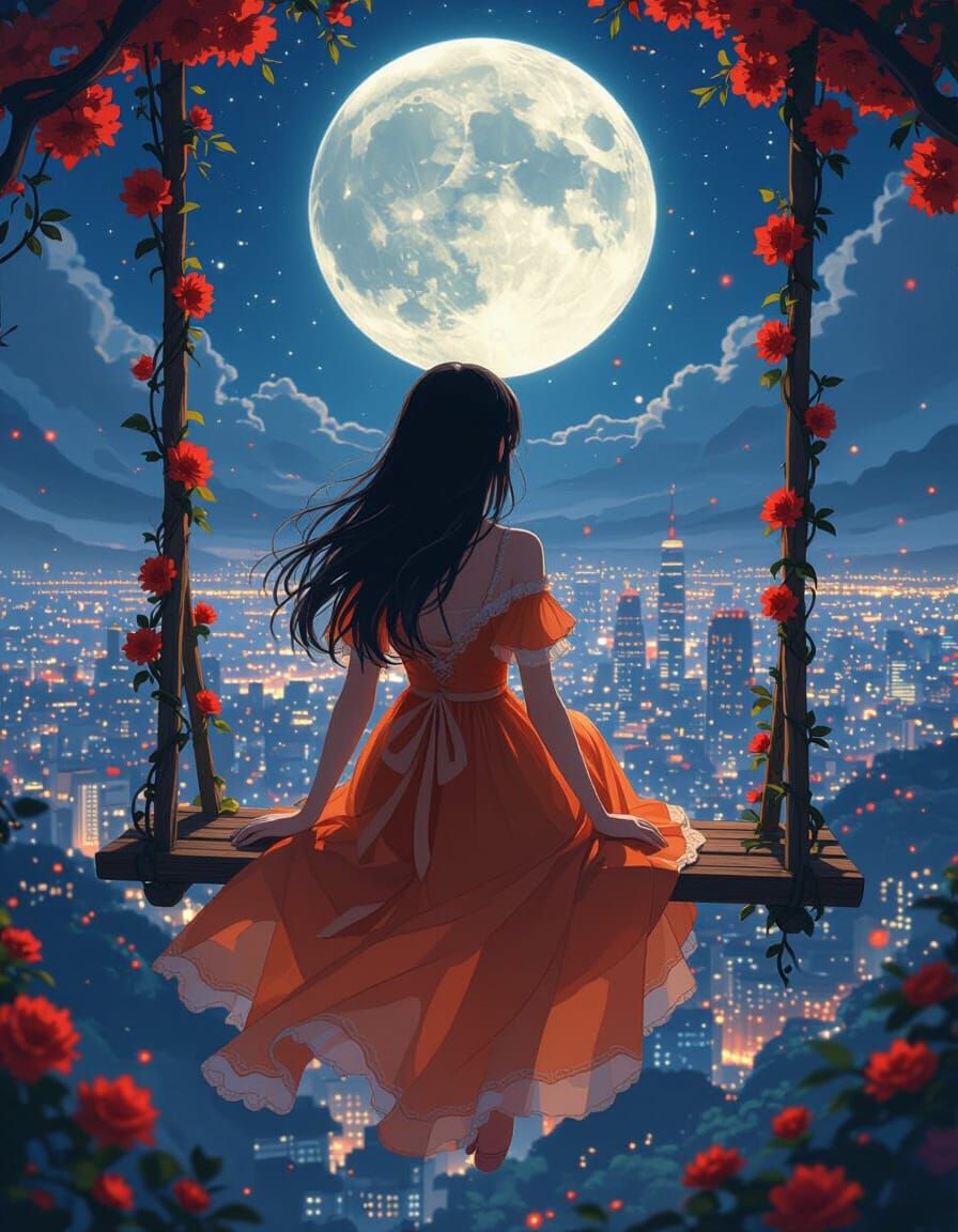 Anime Woman Gazing at Futuristic Cityscape