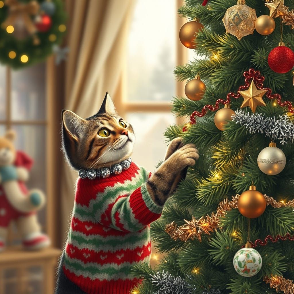 Whimsical Cat Decorates a Festive Christmas Tree in a Cozy H...