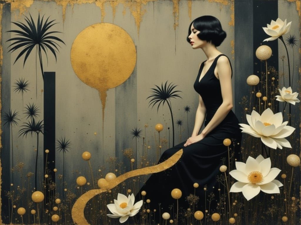 Nightclub Singer in Art Deco Garden as Impasto Painting