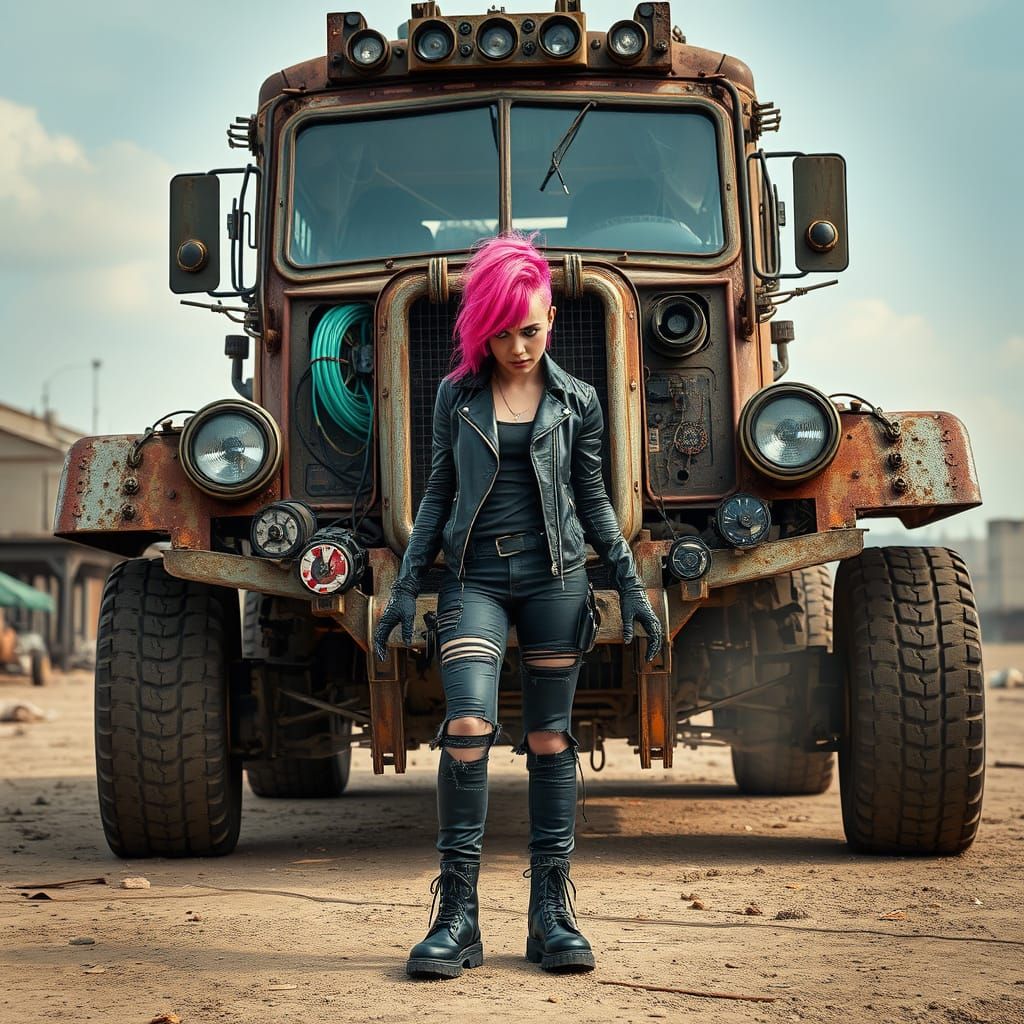 Atomic Punk Woman Stands Before Salvaged Vehicle