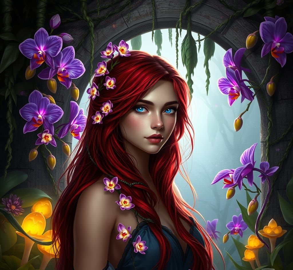 A fantasy portrait photograph of a young woman with long, red hair. Her hair is interwoven with luminous vines and glowi...