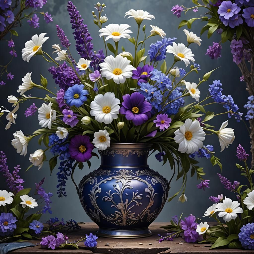 Floral Still Life in Deep Color, Detailed Painting