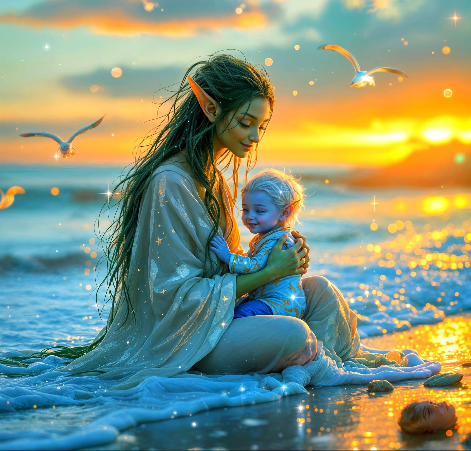 Alien Family Cuddles on Serene Beach at Dawn