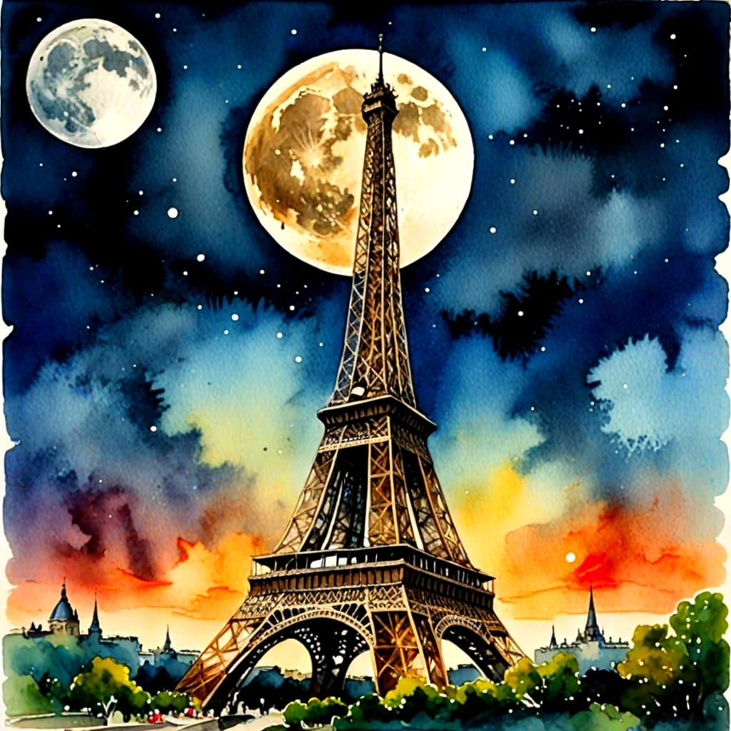 Eiffel Tower Backlit by Moon in Watercolor Style