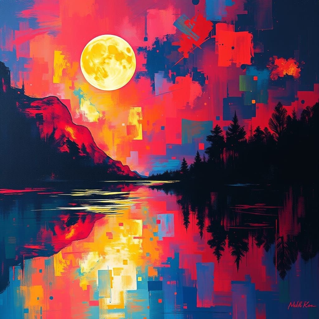 Ethereal Night River Reflection with Geometric Patterns