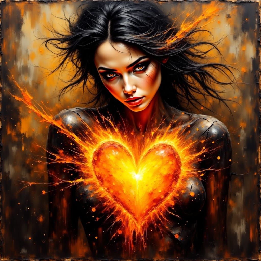 Volcanic Heart: Woman with Glowing Core as Impasto